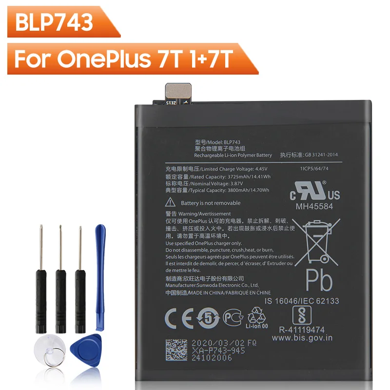 

OnePlus Original Replacement Phone Battery BLP743 For OnePlus 1+7T One Plus 1+7T Authentic Rechargable Battery 3800mAh
