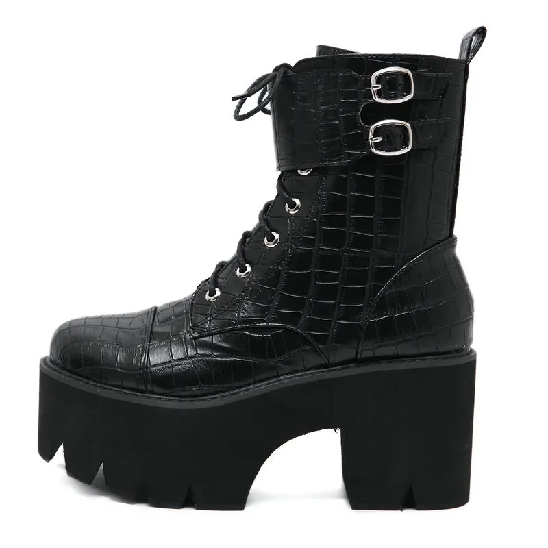 HTUUA/осенне-зимние ботинки на платформе женские ботильоны на не сужающемся книзу массивном каблуке мотоботы на шнуровке в готическом стиле в стиле панк с боковой молнией женская обувь, SX3318 - Цвет: Черный