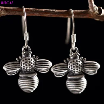 

BOCAI S925 pure silver ear drop matte do old archaize women's Thai silver bee character earrings 2020 new fashion jeweley