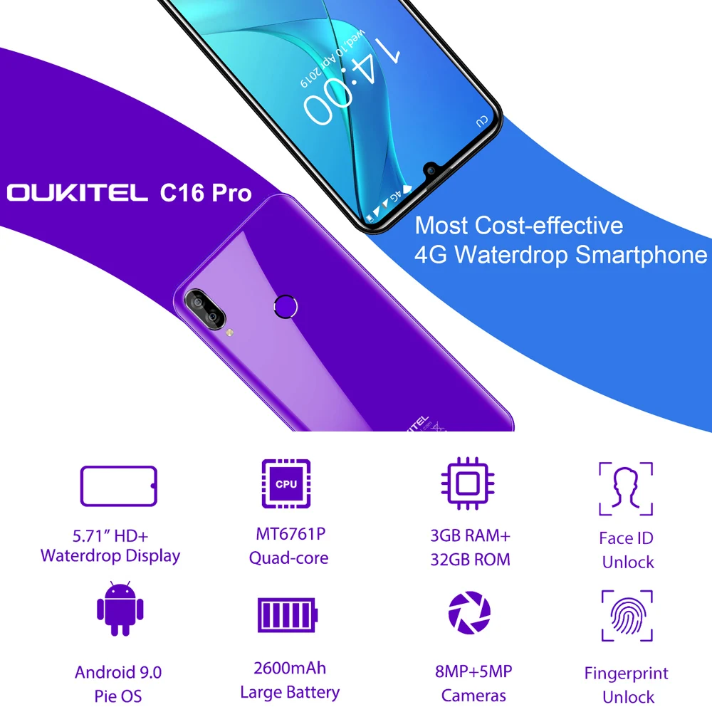 Смартфон OUKITEL C16 Pro, 3 ГБ, 32 ГБ, 5,71 дюймов, 19:9, Android 9,0, MT6761P, отпечаток пальца, распознавание лица, водослива, экран, 4G, мобильный телефон