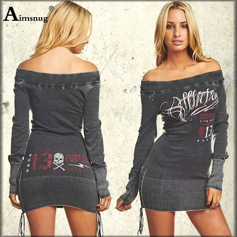 

Aimsnug 2019 Autumn Europe and America Sexy Lace Up Slash Neck Off Shoulder Long-sleeve Printed Slim Women's Pencil Mini Dress