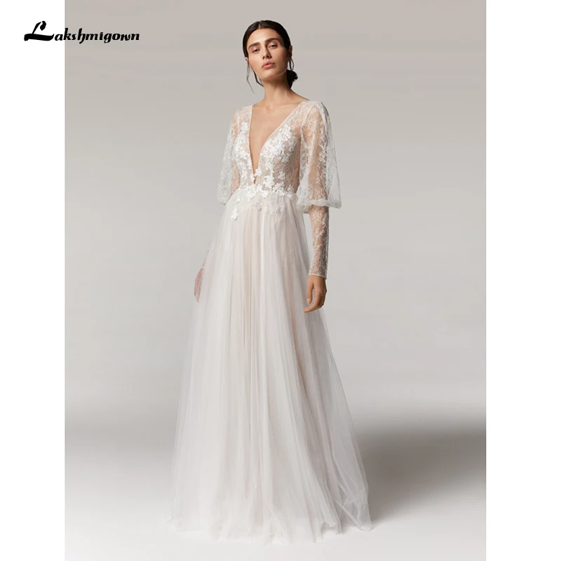 

Vintage Deep V Champagne Wedding Dress A Line 2023 long sleeves Sexy Bridal Dresses Lace Wedding Gowns Open-Back Abendkleider