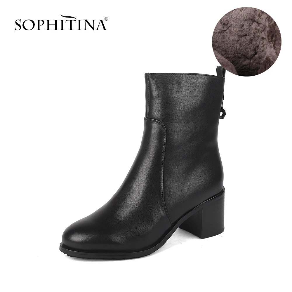 

SOPHITINA Winter Wool Boots High Quality Genuine Leather Comfortable Round Toe Square Heel Zipper Shoes New Women's Boots MC212