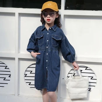 

Girls Dresses Autumn New Denim Long Dresses for Baby Girls Clothes England Style Fashion Kids Outfits Vestidos 6 8 10 12 Years