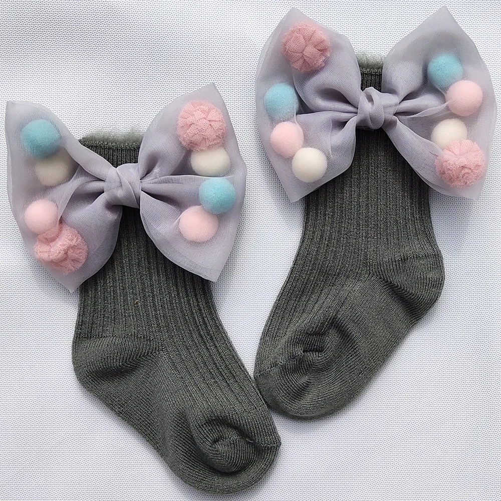 Новые Зимние гольфы с бантиками для маленьких девочек; носки принцессы для девочек; теплые детские носки; бархатные детские носки