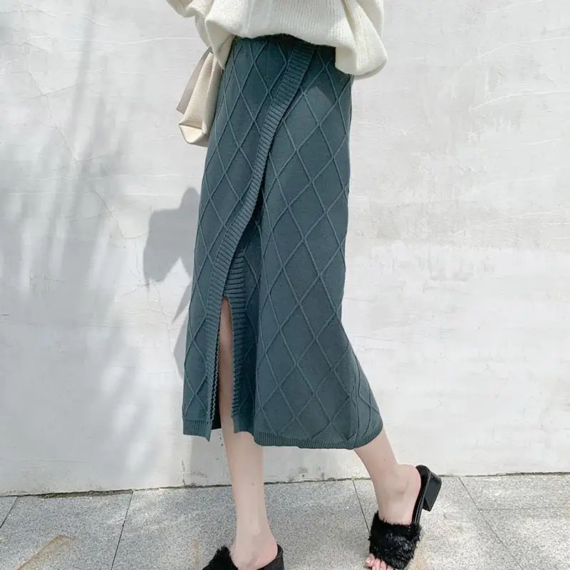 

New Autumn Winter Long Knitted Skirt Women Elegant Korean High Waist Front Split Knit Skirts Female Straight Faldas Mujer Saia