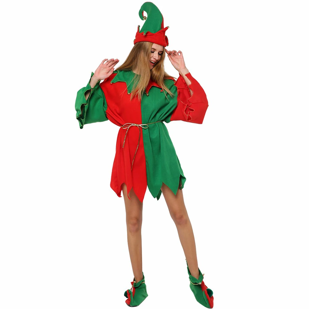 Eraspooky Women's Miss Santa Costume Set with Christmas Dress, Elf Hat, Coat, and Shoes - Perfect for Christmas and New Year Cosplay image 4