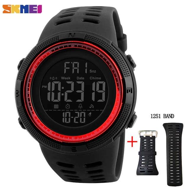 SKMEI Fashion Outdoor Sport Watch Men Multifunction Watches Alarm Clock Chrono 5Bar Waterproof Digital Watch reloj hombre 1251 Black Red