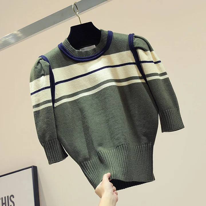 Новинка в Корейском стиле colorblock(цветовой блок), прошитая, с короткими рукавами шорты Модный вязаный свитер для женщин