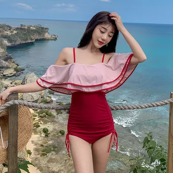 

One-Piece Swimsuit For Women Full Bathing Suits Swimming Suit Indoor Female Beach Shape Shoulder Ruffles Keeping Animal