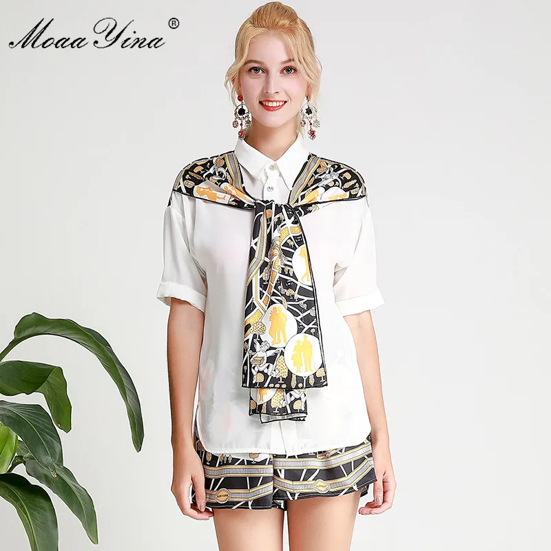 

MoaaYina Fashion Designer Runway Suit Spring Summer Women Turn-down Collar Short sleeve Shirt Tops+Shorts Two-piece set