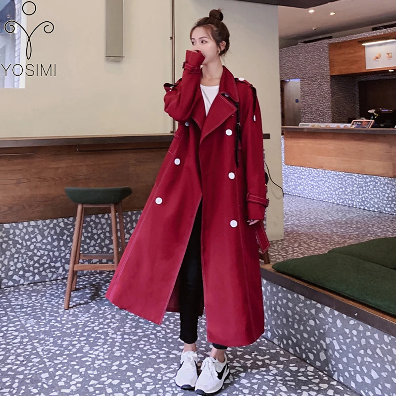 

YOSIMI Loose Long Outerwear Windbreaker 2020 Autumn Winter Red Wine Adjustable Waist Large Size Full Sleeve Women Trench Coats