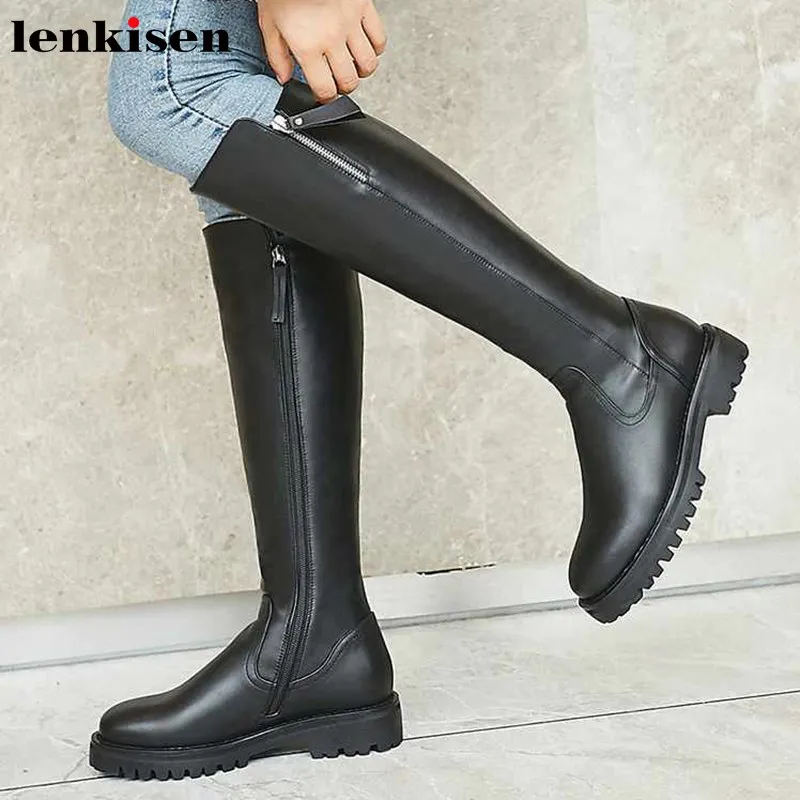 Lenkisen/популярные классические сапоги из коровьей кожи с боковой молнией однотонные зимние теплые женские сапоги до бедра с круглым носком на среднем каблуке, L5f6