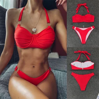 

2019 High Quality Women Intimates Solid Color Strappy Underwear Set Fashion Matching Padded Lengerie Wire Free Bathing Suit
