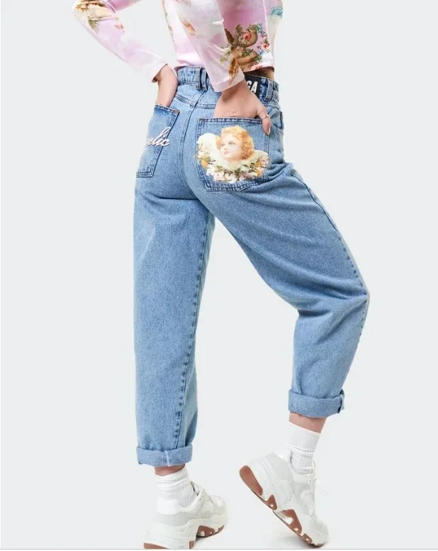 Canwedance High Waist Angel Printing Jeans 2021 New Style Autumn Retro Femme Full Length Cotton Harem Pants Casual Denim Jeans white jeans