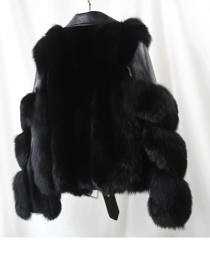 Winter New Fashion women Motorcycle coat with belt real Fox Fur Jacket Woman whole fox Fur short Coat