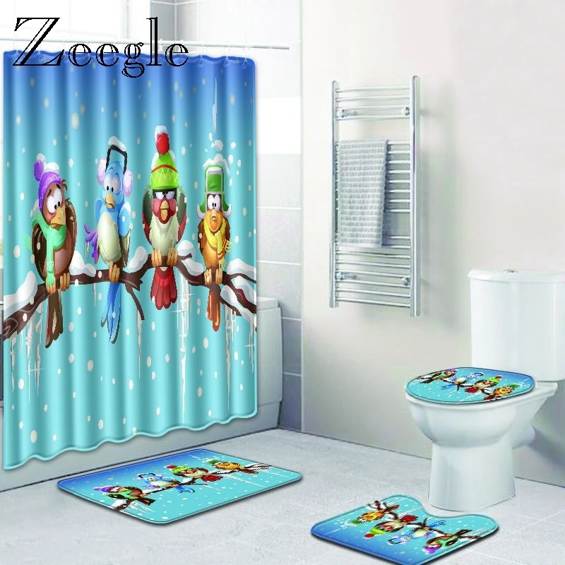 Zeegle 3D Printed Bath Mat Pedestal Rug with Shower Curtain 4PCS Toilet Lid Cover Mat Memory Foam Absorbent Bathroom Carpet
