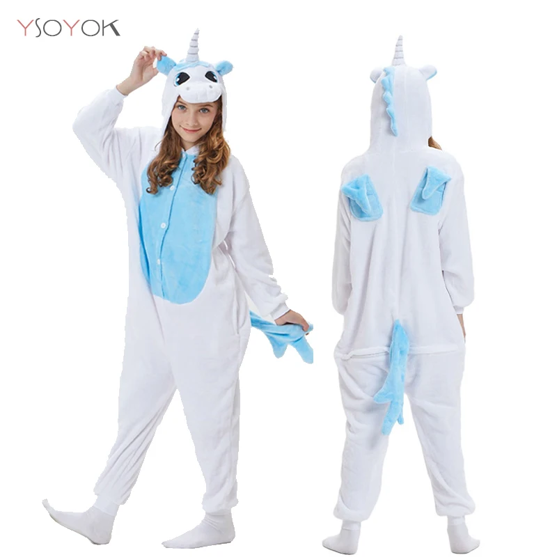 Kigurumi/детская зимняя одежда для сна; детская пижама панда с единорогом; комплекты одежды для маленьких девочек и мальчиков; комбинезон с Пикачу для детей 4, 6, 8, 10, 12 лет - Цвет: Blue Unicorn