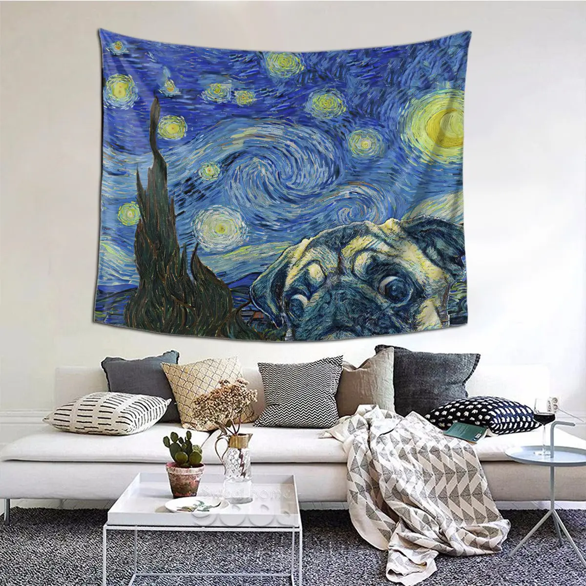 Cute Pug Dog Starry Night Tapestry Tapestries | Дом и сад