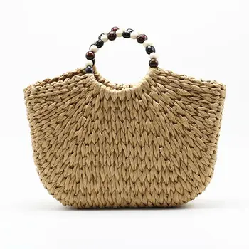 

THINKTHENDO Beach Straw Bag Women Large Hand-woven Purse Summer Rattan Top-handle Tote Handbag with Beaded Handle