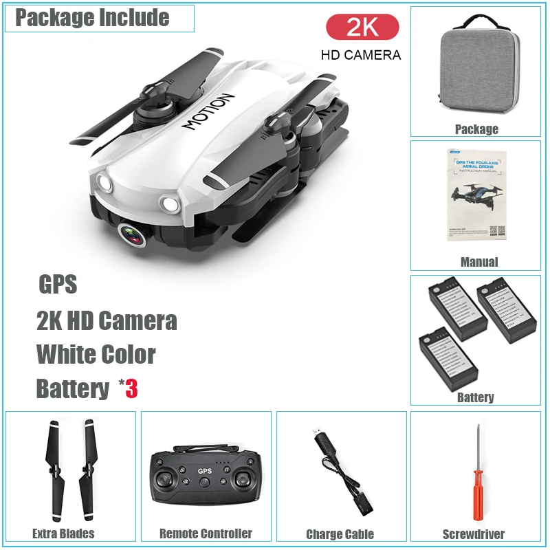 White 3 Bat Складной Квадрокоптер мини-Дрон gps позиционирование с 2K Wifi FPV HD Электрическая регулировка камеры игрушки вертолет авто возврат Дрон - Цвет: White 3 Bat