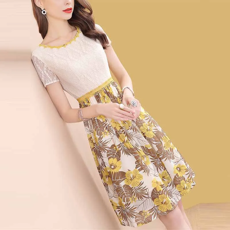 

Joint Printed Lace Dress Women's Summer Mid-length 2019 New Style Short Sleeve Slim Fit Slimming Skirt Ozhouzhan