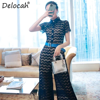 

Delocah Women Summer Fashion Designer Short Sleeve Jumpsuits Style High Waist Lace Shirt Style Loose Long Rompers Bodysuit 2020