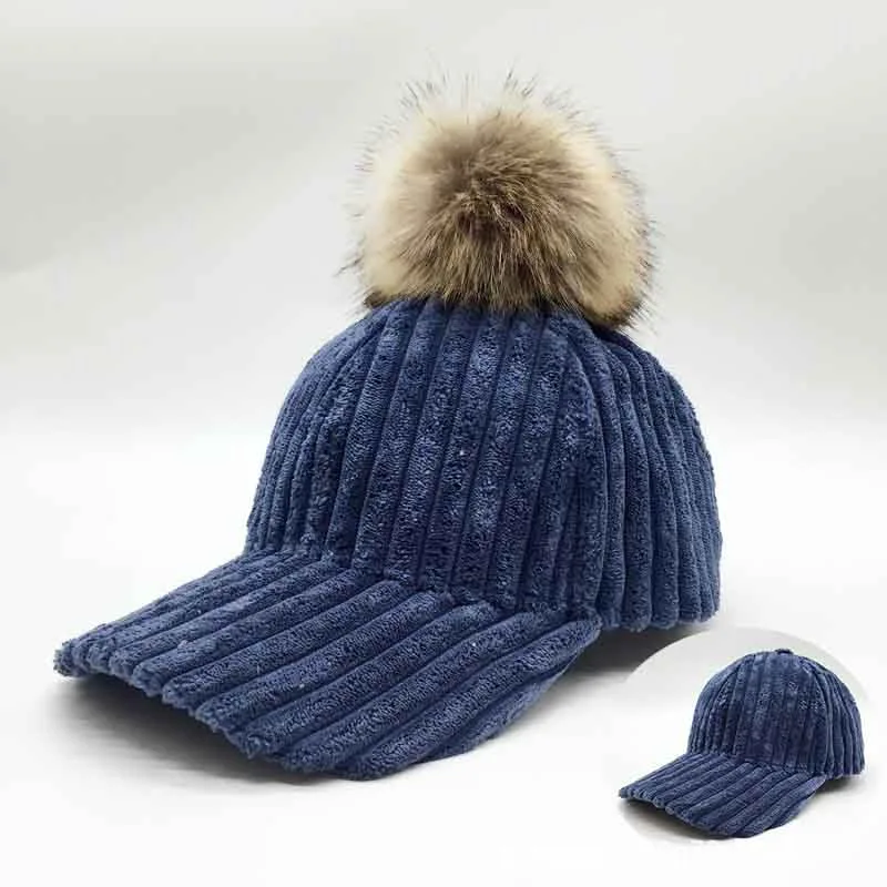 Новинка, толстая бархатная осенне-зимняя женская шапка, теплая шапка с ушками, с искусственным кроличьим мехом, с помпоном, бейсбольная кепка для дам, вельветовые повседневные Шапки