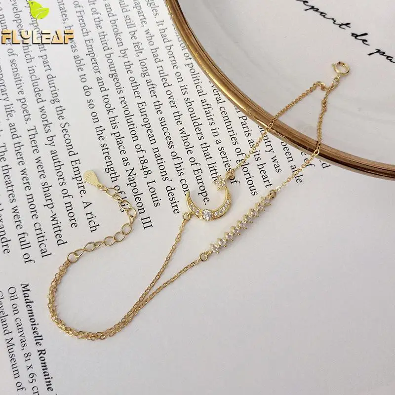 

Flyleaf Gold Double Layer Star Moon Real 925 Sterling Silver Bracelets For Women Cubic Zirconia Fine Jewelry Bracelets & Bangles