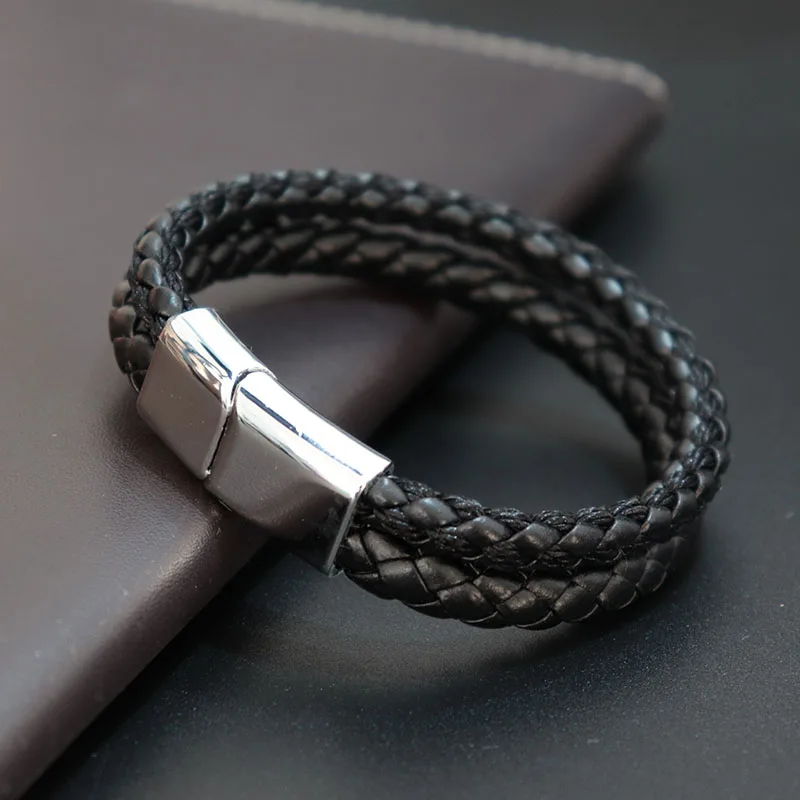 Noter модный кожаный браслет для мужчин, двухслойный браслет из нержавеющей стали в стиле панк, мужской плетеный браслет с нитью, браслет для мужчин, Pulsera