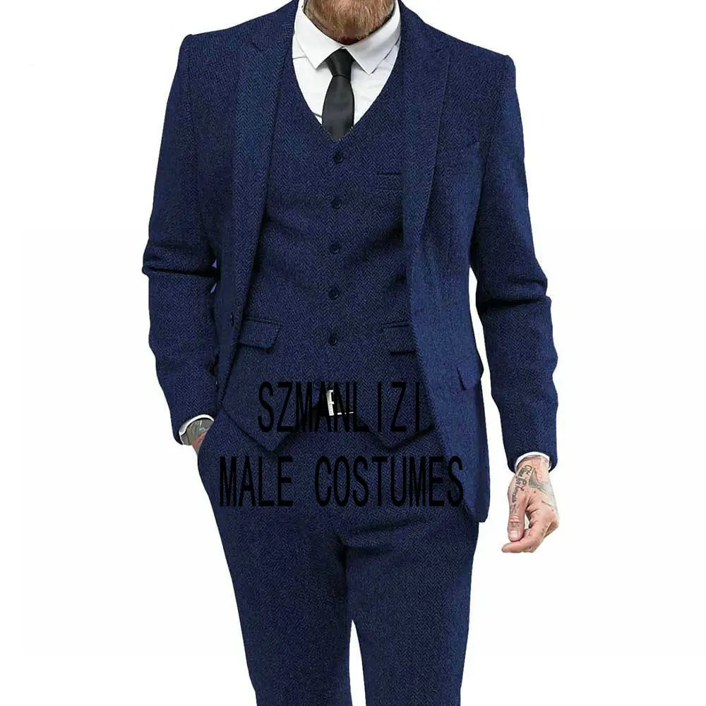 

2020 костюм Mariage Homme синий твид зимние мужские свадебные костюмы на заказ смокинг жениха Бизнес 3 шт костюмы для мужчин