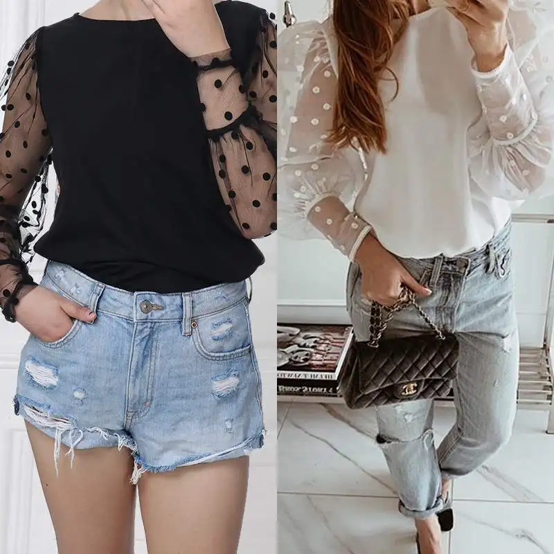 Women Fashion Polka Dot Print Tunic Tops Celmia 2019 Plus Size 3/4 Sleeve Lace Blouses Casual Loose Shirts Elegant Blusas Mujer