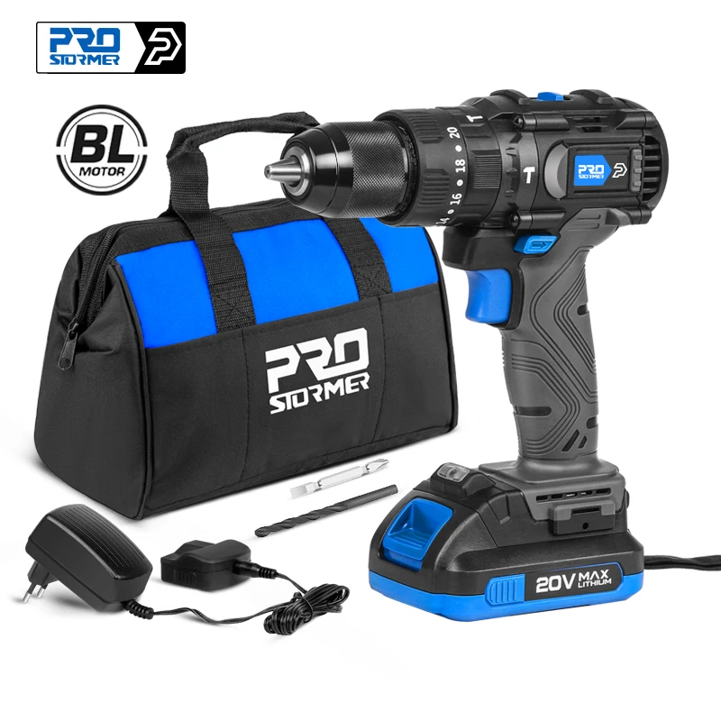 Brushless Hammer Drill 60NM Impact Cordless Electric Screwdriver 3 Function 20V Steel / Wood / Masonry Tool By PROSTORMER