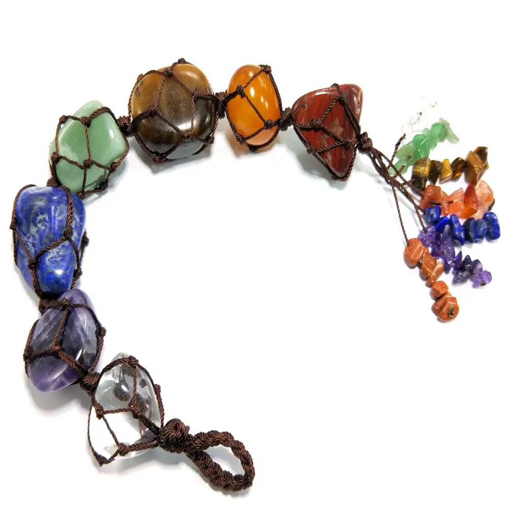 

NEW 7pcs Chakra Tumbled Gemstone Tassel Spiritual Meditation Hanging Window Ornament Natural Stone for Car Home Decoration