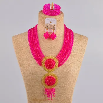 

fuchsia pink african beads jewelry set crystal nigerian wedding necklace costume jewelry set for women 6CLS01