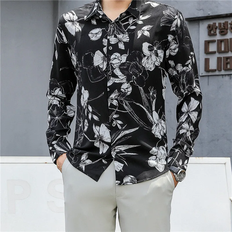 Бренд Цветочный принт Slim Fit рубашки мужские Повседневное платье с длинным рукавом рубашки мужской Бизнес Формальные социальные рубашки в клетку Chemise Homme