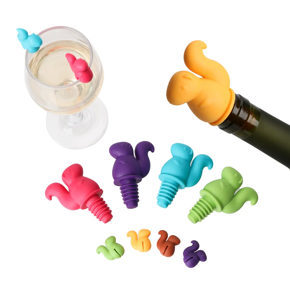 7 pcs/set Cute Squirrel Shape Wine Bottle Stopper Wine Cork Plug Drink Cup Mixproof Silicone Marker Rubber Wine Glass Label