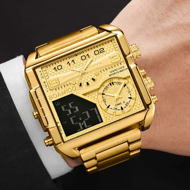 BOAMIGO 2021 New Top Brand Luxury Fashion Men Watches Gold Stainless Steel Sport Square Digital Analog Big Quartz Watch for Men 1