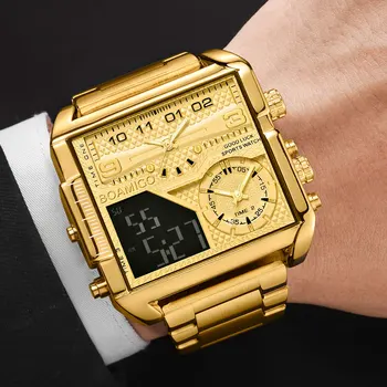 Luxury Fashion Men Watches Gold Stainless Steel Sport Square Digital Analog Big Quartz Watch