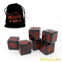 Set of 6 Bescon Halloween Dice 6 Sides in Solid Black, 6 Sided Halloween Dice Set in Velvet Pouch 1