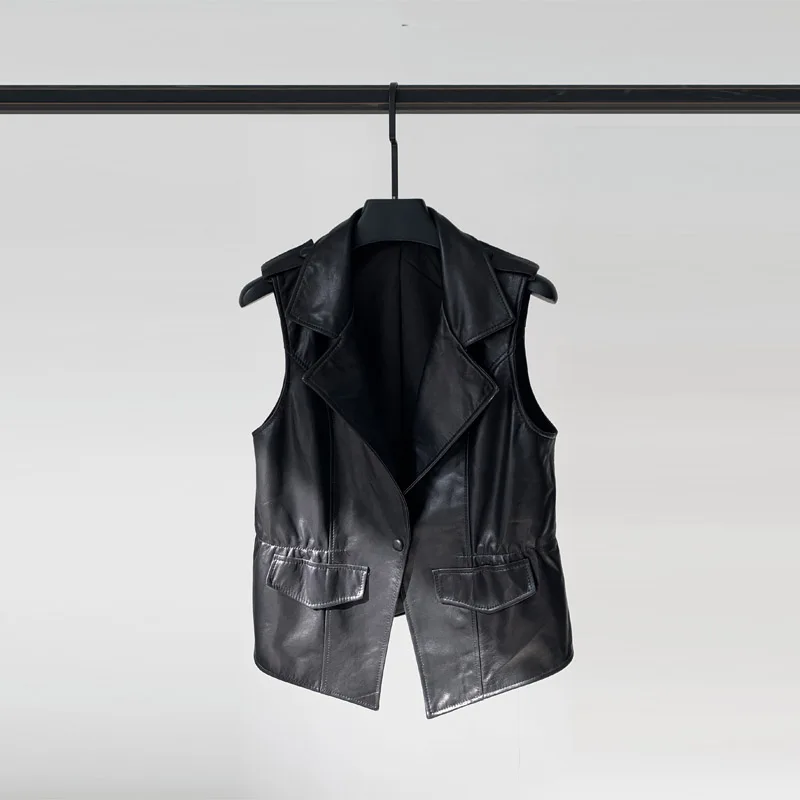 

2021 Spring New Leather Vest Female Sheep Skin Elastic Waist Show Short Sleeve Jacket Sleeveless Leather Coat Genuine Leather