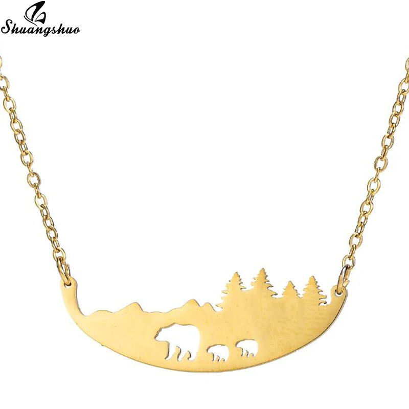 Shuangshuo Gold Chain Necklace Forest Hollow Bear Pendants Necklaces Family Mother Baby Animal Colars Birthday Gifts | Украшения и