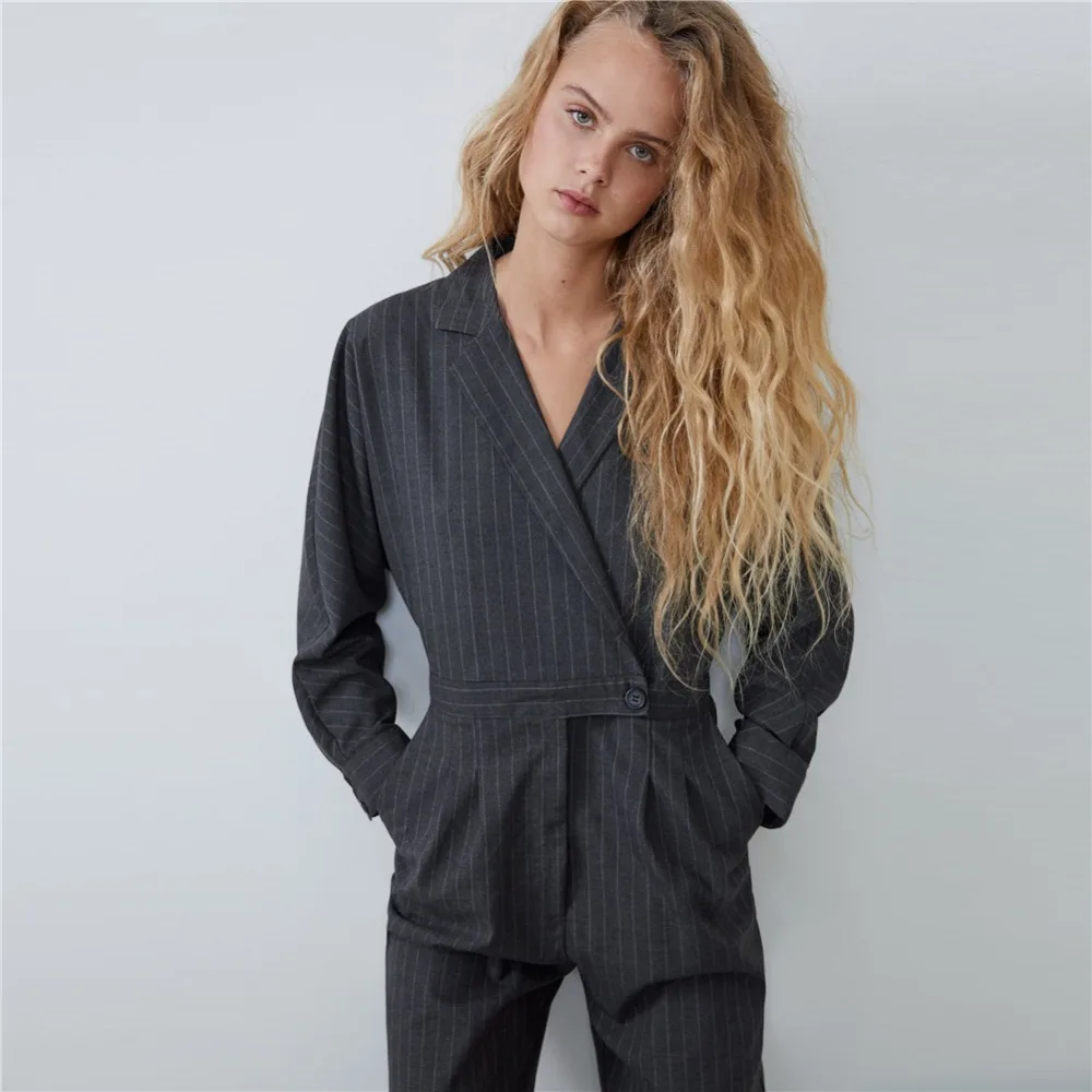 Ladyfirsy ZA длинный брючный костюм в полоску для Для женщин костюм воротник боковой карман Офисные женские туфли с длинным рукавом мода женский комбинезон