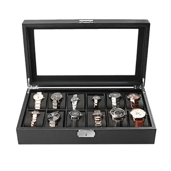 

High-Grade 12 Slots Luxury Jewelry Display Watch Box Storage Holder Large Glass Window Top Organizer Black