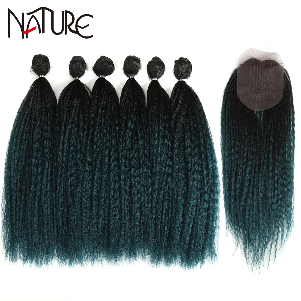 

Nature Black Hair Bundles Afro Kinky Straight Hair Weave Synthetic Hair Extensions 6 Bundles With Closure 16inch For Black Women