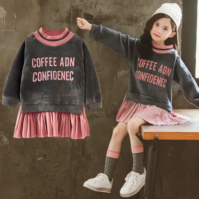 Kids Sweatshirt Girls Hoodie Pleated Dress Winter Fleece Thick Children Long Sweater Dress Clothes Kids Outfits 8 10 12 Years