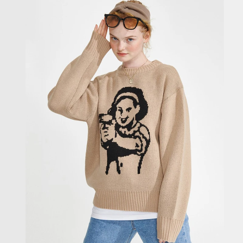 

Женский трикотажный пуловер, свободный контрастный свитер цвета хаки с мультяшным принтом, Осень-зима 2021