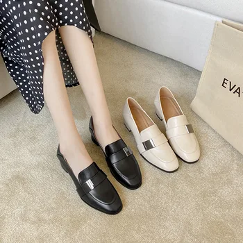 

Brand Oxford Women Casual Slip on Shoes Square Heels Loafers Metal Decoration Square Toe Pump Leather Slides Sandalias Mujer