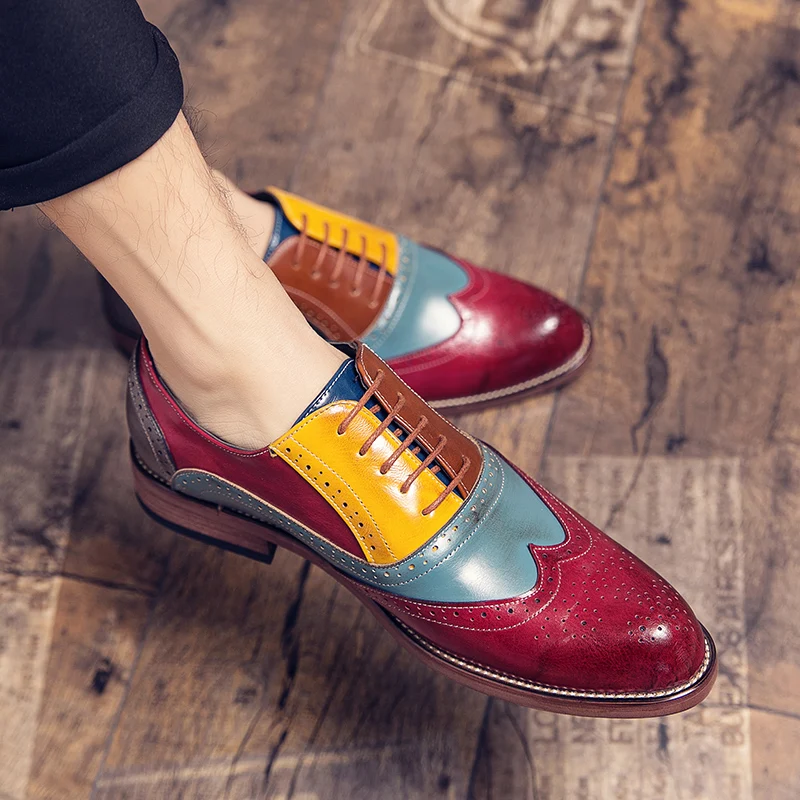 Male Business Dress shoe Colorful Lace up Fashion Man Casual Leather Oxfords shoes Flat Leisure Wedding Party shoe Men Big Size