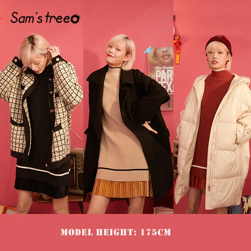 SAM'S TREE хаки, контрастная отделка, элегантное Плиссированное трикотажное платье для женщин, зима, длинный рукав, офисные женские Базовые платья